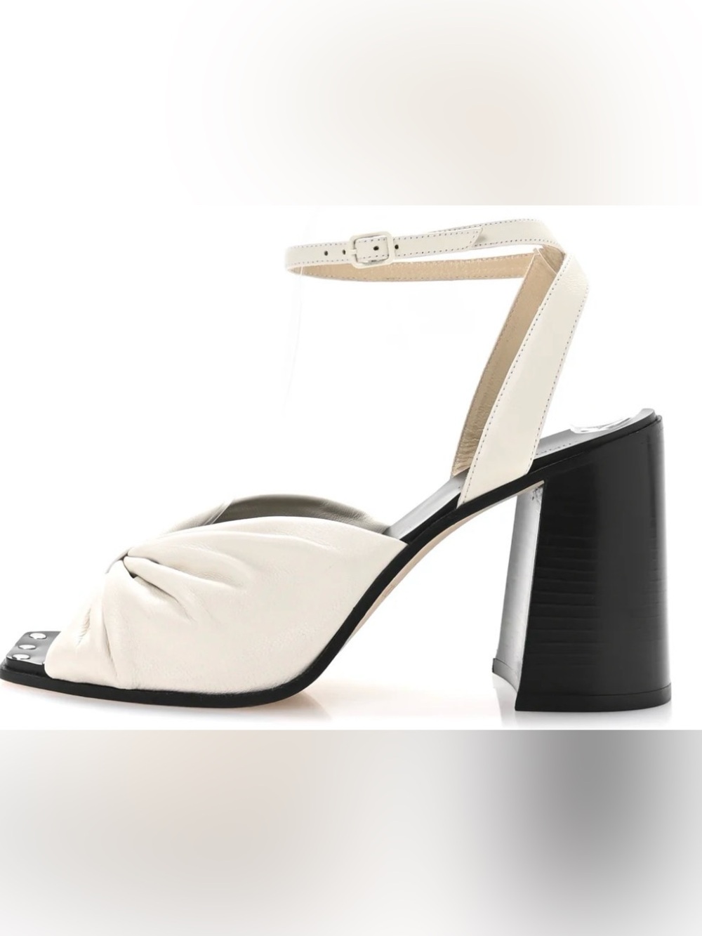 NWT Jimmy Choo Jasie 85 Latte White Leather Ruched Knot Block Heel Sandals 38.5